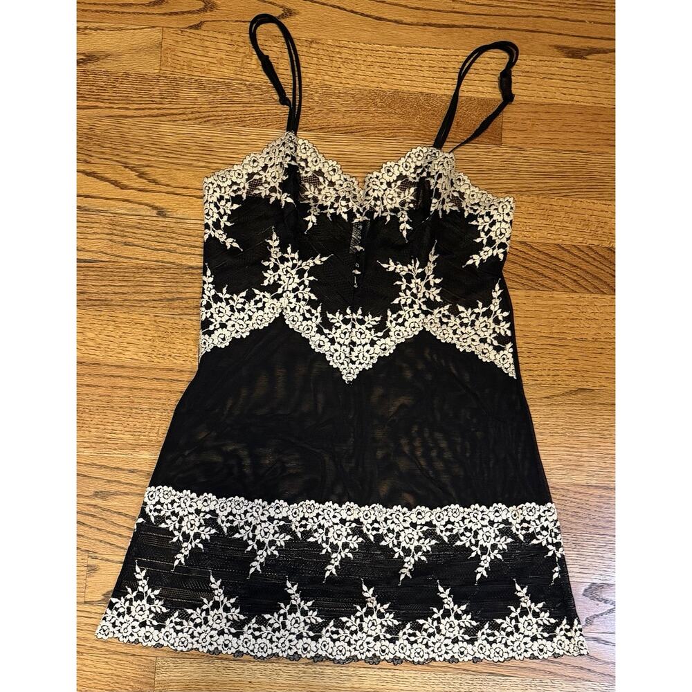Wacoal Embrace Lace Chemise Full Slip 814191 Mesh Stretch Black Nude Size M
